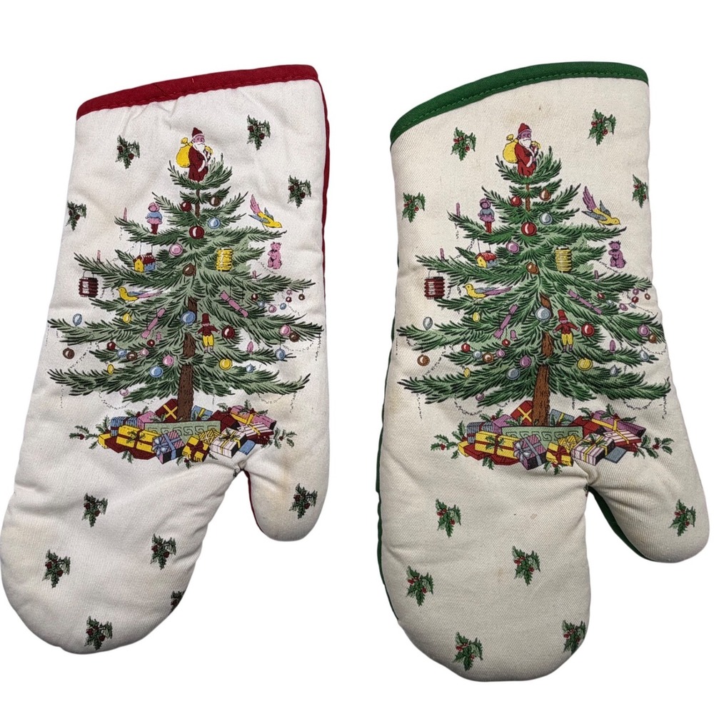 Spode Christmas Tree Oven Mitts Set 2 Vintage 1990s Holiday Quilted Red Green